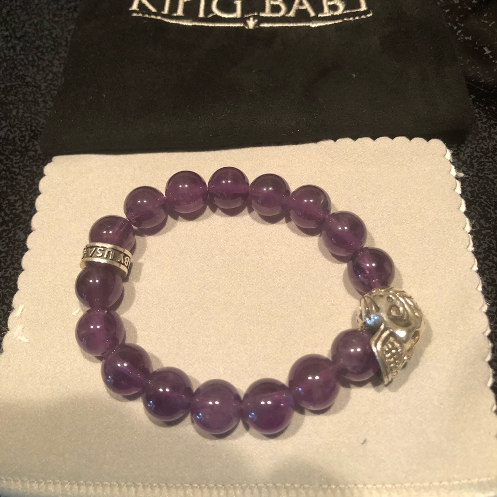 ❌SOLD❌❤️KING BABY STUDIO 10mm Amethyst Bead Silver Skull Bracelet $365 - Picture 5 of 15